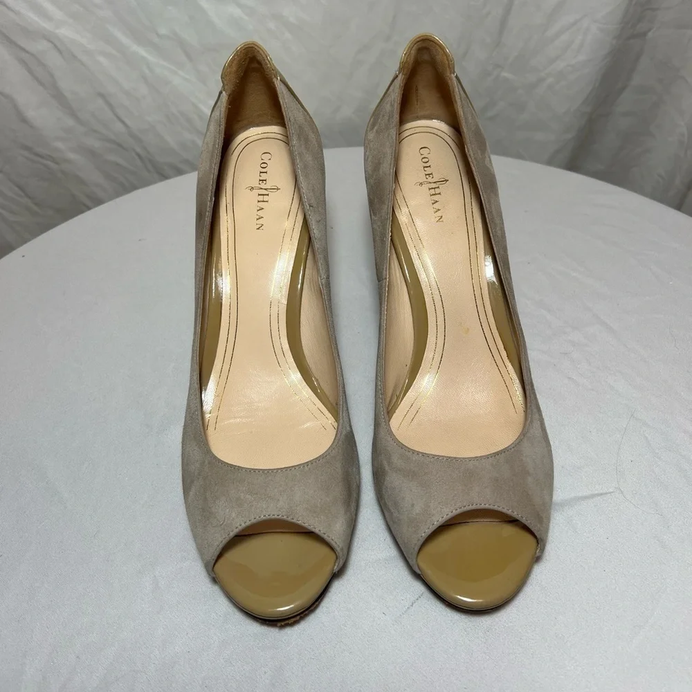 Cole Haan Nike Air Beige Nubuck & Patent Leather Peep Toe Heels Size 8.5B